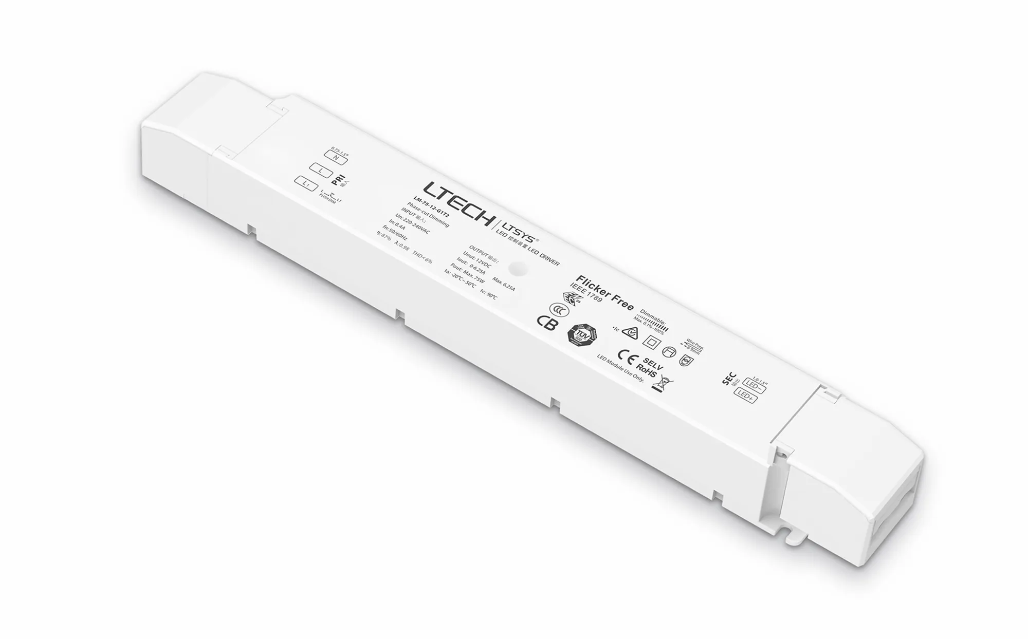 Intelligent LED driver, Leading,Trailing edge, Phase-cut and Push DIM/CCT, 0-100% Dim,CV 75W, 12V DC 3.12A O/P, 200-240Vac I/P, IP20, 5yrs Warranty.